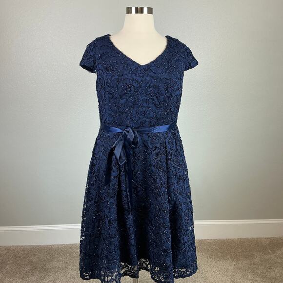 Alex Evenings Beaded Lace Belted Fit and Flare Midi Cocktail Dress Blue Size 14W - Picture 2 of 12